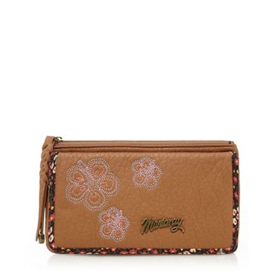 Tan floral embroidered purse